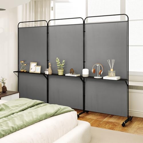 GOFLAME 3 Panel Room Divider with Storage Shelves, 6FT Folding Privacy Screen with Lockable Wheels, Portable Rolling Wall Divider, Freestanding Partition Screen for Room Separation, Grey - color: Grey