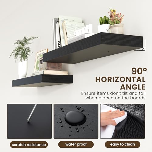 Deep Floating Shelves, 36'' x 12'' Black Shelves for Wall Set of 1 | Invisible Brackets, Engineered Wood, Mounting Hardware Included, 55LBS, Bathroom, Laundry Room, Kitchen, Living Room - color: Black, size: 35.6W x 11.6D x 2H, 1 Pack