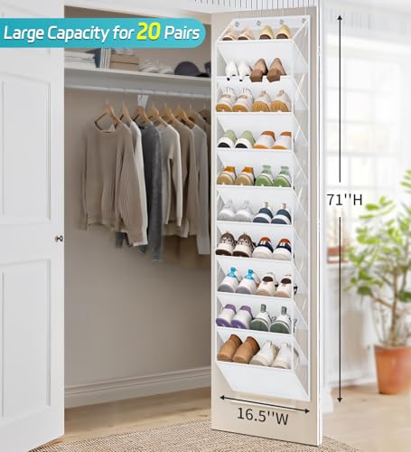 AOODA 10 Tier Clear Over the Door Shoe Organizer Storage, Deep Pockets Large Hanging Shoe Rack for Closet Door, Fit 20 Pairs Sneaker Holder Hanger for Boots (White) - color: White, size: 71"