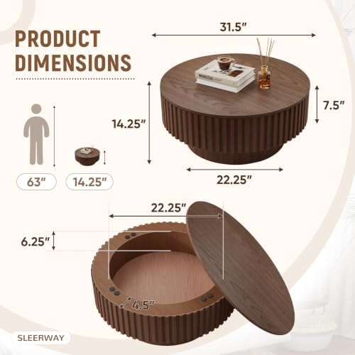31.5'' Round Coffee Table with Storage, Modern Wooden Fluted Circle Coffee Table Unique Drum Center Table Wood Circular Tea Table for Living Room, Office, Small Apartment, Walnut - color: Storage Walnut, size: 31.49 inch