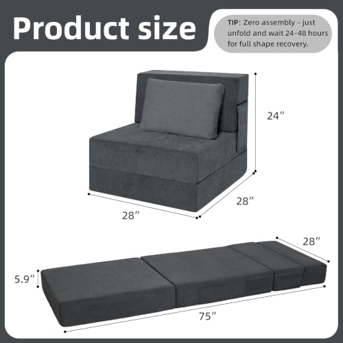 Folding Sofa Bed, Convertible Sleeper Chair with Pillow, Fold Out Chair Bed, High-Density Foam Floor Couch Bed, Foldable Futon Couch Lounge for Living Room (Grey, Single) - color: Grey, size: Single