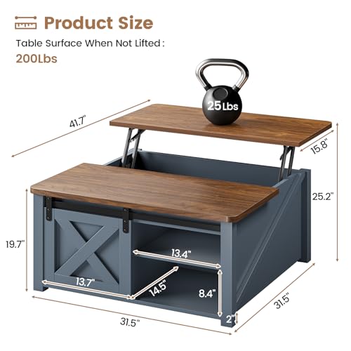 SEDETA 31.5" Lift Top Coffee Table with Storage, Square Coffee Tables for Living Room, Farmhouse Coffee Table with Large Hidden Storage Compartment and Adjustable Shelves, Blue - color: Blue