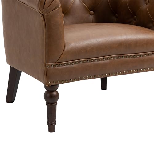 PU Leather Barrel Accent Chair, Modern Upholstered Club Chair, Brown | Comfy Living Room Chair, Nailed Trim Barrel Arm Chair Bedroom Reading Seat | 27"D x 30"W x 30"H - color: Tan