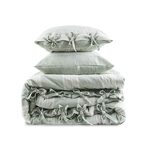 BISELINA Striped Duvet Cover Set 3pcs 100% Washed Cotton Linen Like Textured with Bowknot Bow Ties Strap Reversible Breathable Soft Comfy Chic Yarn Dyed Bedding (Full, Grayish Green) - color: Grayish Green, size: Full