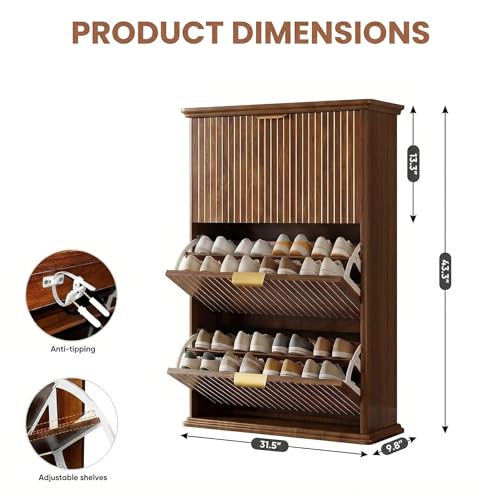 Walnut Hidden Shoe Storage Cabinet,Narrow Shoe Rack Cabinet with 3 Flip Drawers,Freestanding Shoe Organizer for Entryway - color: Walnut, size: 31.5"D x 9.8W x 43.3"H(Fluted)