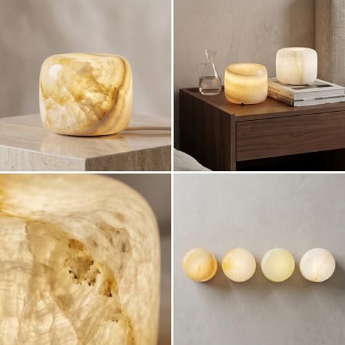 Natural Marble Lamp, Cordless Rechargeable Marble Tap Light, 3-Way Dimmable Ambient Stone Glow Lamp, Portable Zen Decor Gift for Bedroom Desk Shelf (Granite with a Jade-Like Texture)