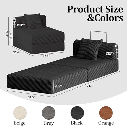 Sofa Bed Couch,Convertible Boneless Couch Compressed Chair Comfy Boneless Chair Floor Lounge Chair with Pillow,No Assembly Folding Sofa Beds for Living Room Bedroom Guest Room(Single,Black) - color: Black, size: Single Sofa