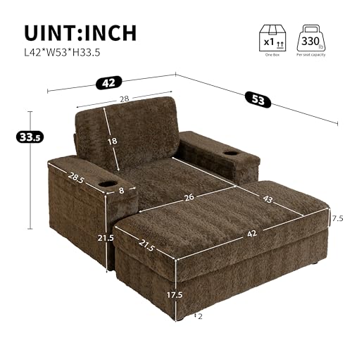 42" Oversized Chaise Lounge Chair Indoor, Faux Rabbit Fur Upholstered Sleeper Chair with Storage Ottoman and Armrests, Cup Holders, Single Reading Couch for Living Room (Brown/19) - color: Brown/19