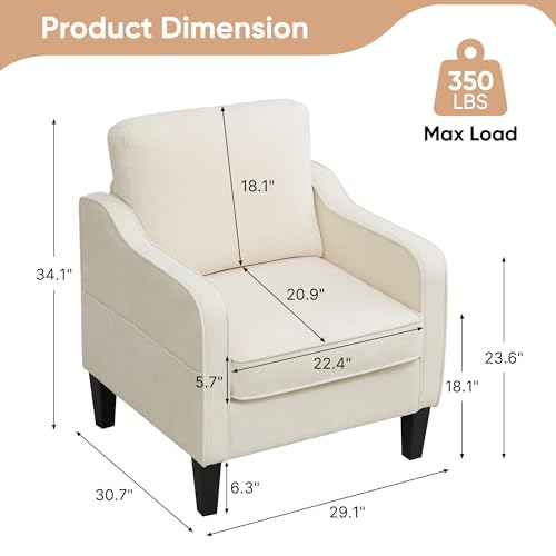 Accent Chair for Living Room, Mid Century Modern Reading Chair for Bedroom, Upholstered Armchair with Side Pockets, Comfy Single Sofa Side Chair for Office, Apartment, Small Room, Beige - color: Beige, size: Set of 1