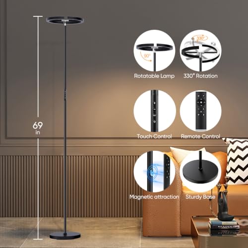 LED Floor Lamp - Rotatable Standing Lamp with Touch & Remote Control, 3000-6000K, 22W Modern Floor Reading Light, Dimmable Corner Uplighter for Living Room Bedroom Office, Black - color: Black