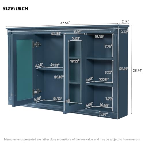 Merax Bathroom Medicine Cabinet with Mirror Door & Adjustable Shelf | 48" x 28" Wall Mounted Bathroom Storage Cabinet with Mirror, Over the Toilet - color: Blue, size: 48"