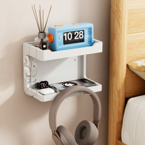 NiHome Bedside Wall Shelf Organizer, Wood 2-Tier Floating Nightstand, White | Dual Mount Adhesive Or Screw, 4 DIY Hooks, Cell Phone Glasses Holder, College Dorm Room Essentials - color: White, size: Large
