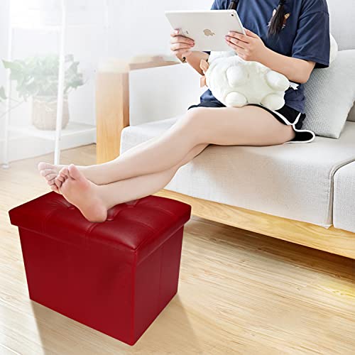 Bsketa Storage Ottoman, Folding Foot Stool with Thicker Foam Padded Seat Small Leather Storage Ottoman Bench Foot Rest for Living Room Foldable Coffee Table 17x13x13in,Red | Ottoman with Storage, Thicker Foam Padded Seat, Living Room, Dorm, Bedroom, Load