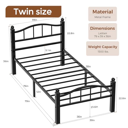 Metal Twin Bed Frames Set of 2 | Noise-Free Design, 12" Underbed Storage, Heavy Duty with Headboard, No Box Spring Needed, Tool-Free Assembly - color: Twin Set of 2 Black