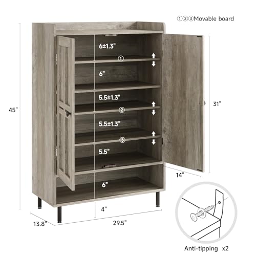 Shoe Cabinet with Cross Molding Doors, 6-Tier Storage, Grey | 45'' Tall Shoe Storage Organizer with 3 Adjustable Shelves & Metal Legs, Freestanding Wood Shoe Rack for Entryway, Front Door - color: Grey