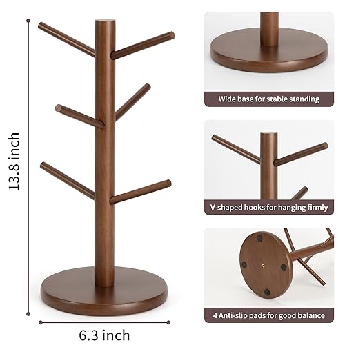 MyLifeUNIT Mug Holder Tree, Coffee Cup Holder with 6 Hooks (Brown) | Anti-slip padded bottom, space-saving compact design, easy air drying, sturdy tip-resistant structure - color: Brown