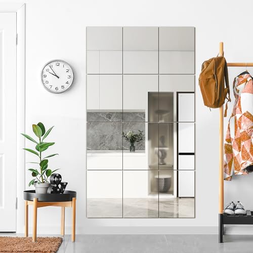 Wall Mirror Tiles, 16"x12"x12PCS Full Length Home Gym Mirror | HD Tempered Glass, Frameless Workout Mirror for Garage, Bedroom, Living Room, Over The Door - size: 16"x12"x12PCS