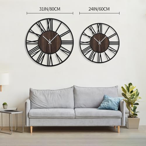 LEIKE Large Wall Clocks for Living Room,Silent,Non Ticking,Battery Operated Oversized Vintage Round Modern Wood Wall Clock for Bedroom,Farmhouse,Office Home Decor-24 Inch(Black-Roman Numerals) - color: Black Wood-roman Number, size: 24 IN