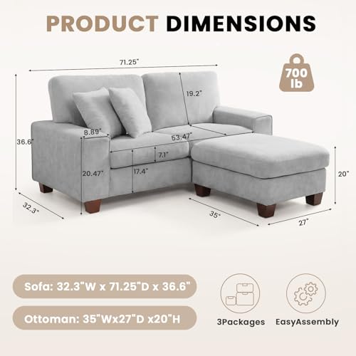 DOPEDIO 71.25" L-Shaped Sectional Sofa with Storage Ottoman, Light Gray | L-shaped sectional sofa with storage ottoman, chenille fabric, washable covers, pocket spring cushions, easy assembly - size: 71.25 inch-L, style: Light Grey Chenille