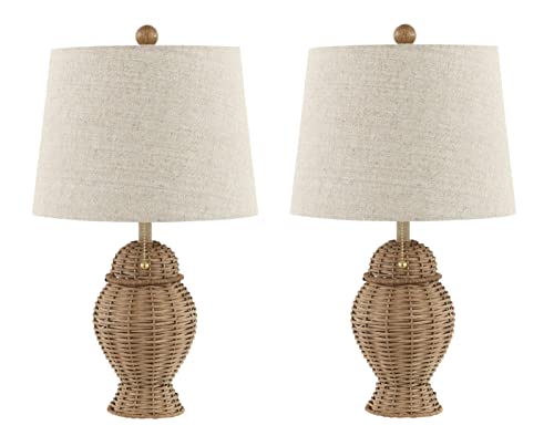 JONATHAN Y 20.5" Wicker Table Lamp, Natural with Beige Shade, Set of 2 | Margie Bohemian Rustic Farmhouse Coastal Urn Rattan Metal, Pull Chain Switch, Linen, LED Bulbs Included - color: Natural