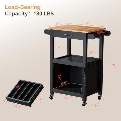 VINGLI Small Kitchen Island Cart on Wheels with Storage, Black | 29"W Rolling Microwave Stand with Drawer,Open Shelf, Towel Bars and Hooks, Rubberwood Top - size: 33"