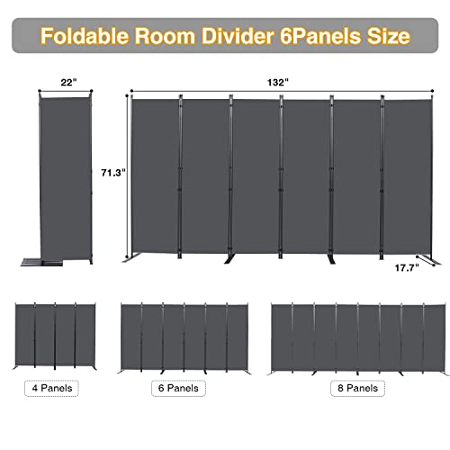 Room Divider, 6 Panel Folding Privacy Screens with Wider Feet, Grey | 132" W X 71" H Room Divider Panel, Stable Frame Structure, Flexible Space Separator, Portable wall divider for Room Partition - color: Grey, size: 22"- 6 Panel