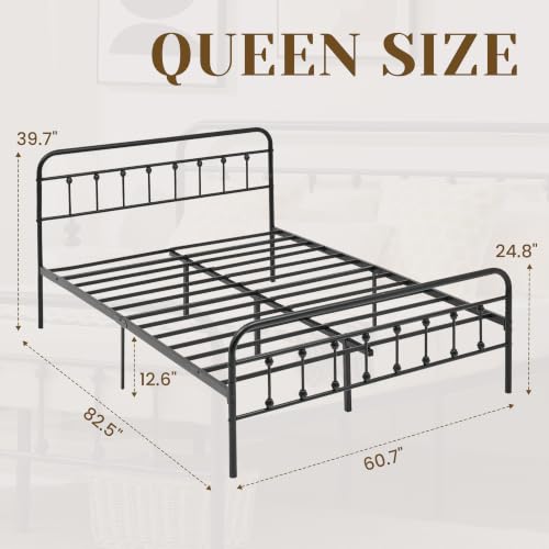 Vintage Queen Metal Platform Bed Frame with Headboard and Footboard | Heavy-Gauge Steel Queen Bed Frame: Underbed Storage, Easy Assembly, Ideal for Bedrooms, Apartments & Guest Rooms - size: Queen