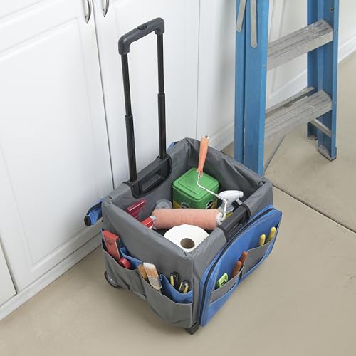 Folding Mobile Utility Cart, Canvas Organizer Bag, Blue/Grey | Durable plastic, 30 compartments, adjustable handle, 40 lb capacity, collapses to 3" thick, rolling wheels for easy transport - color: Blue/Grey