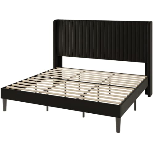 Allewie King Size Velvet Bed Frame/Vertical Channel Tufted Wingback Headboard/Upholstered Platform Bed/Strong Wooden Slats/No Box Spring Needed/Easy Assembly/Black - color: Black, size: King