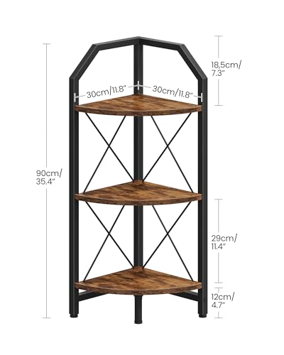 3-Tier Corner Shelf, Industrial Corner Bookshelf, 35.4" Storage Stand, Plant Stand Display Shelf, Bookcase for Bedroom, Living Room, Home Office, Rustic Brown and Black TCJ03BF - color: Rustic Brown and Black, size: 3-Tier