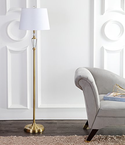 JONATHAN Y Acadia Floor Lamp 61" Crystal Metal, Brass Gold/Clear | Traditional Slender Standing Light, White Linen Drum Shade, for Living Room, LED Bulb Included