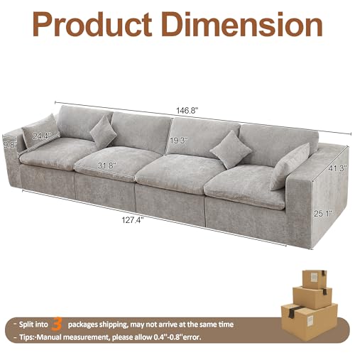 146''Cloud Boneless Sectional Couch, Modular Sectional Sofa Deep Seat, Oversized Upholstered Convertible Comfy 4 Seater Chenille Memory Foam Sofa Couches for Living Room, Light Grey - color: Light Grey, size: 146"/4 Seater
