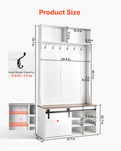 VEVOR Hall Tree with Bench and Shoe Storage, 42" Wide, Entryway Hall Tree with Bench, Hanging Hooks, Storage Shelves, Adjustable Shoe Shelves, Wooden Furniture for Mudroom, Entryway, Hallway, White - size: 41.7 x 15.7 x 78.7 in