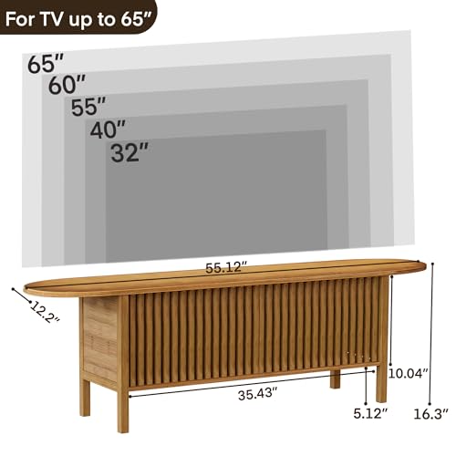 Bamboo TV Stand for TVs up to 65", Accent Entertainment Center with Storage, Media Console Table with Fence Door, Modern TV Stand for Living Room, Bedroom, 55"(L), Walnut - color: Walnut Fence