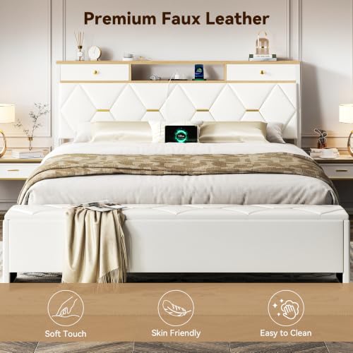 FreeHouse Full Size Bed Frame with Headboard & Storage, All Metal Structure | PU Leather Upholstered Bed Frame Full Size with Charging Station, Diamond Tufted, Gold Accents, No Box Spring Needed, White - color: White, size: Full
