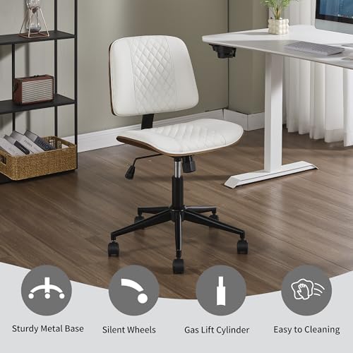 VipDesk Small Home Office Chair - Armless Mid Back Desk Chair with 360° Swivel and Wheels, PU Upholstered Height Adjustable Modern Walnut Computer Chair for Home, Office Meeting Room - White - color: White, size: MCM Style