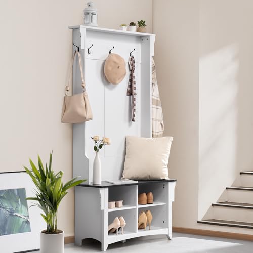 VEVOR Hall Tree Entryway Bench, Coat Rack with Shoe Storage, 32" Wide Mudroom Bench with Seating and Adjustable Shelves, 5 Hanging Hooks and 4 Storage Drawers, for Mudroom, Entryway, Hallway - size: 32" Wide