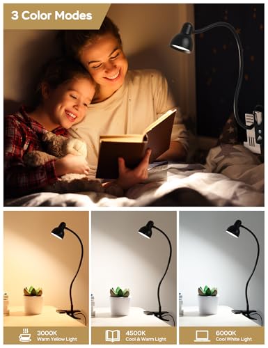 LiFMIRA Clip-on Reading Light - 3 Color Modes, 10 Dimmable Brightness,Black | Eye Care Clamp Desk Lamp with Flexible Gooseneck for Reading in Bed, Desk, Headboard, Computer - color: Black