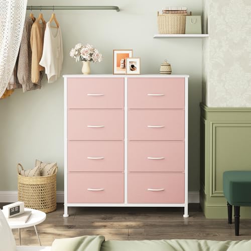 Sweetcrispy 8 Drawer Fabric Dresser for Bedroom, Tall Dresser, Pink | Sturdy Chest of Drawers, Steel Frame and Wooden Top, Closet Living Room Storage Organizer with Easy Pull Handles - color: Pink, size: 11.8"D x 30.9"W x 36.4"H (8 Drawers)