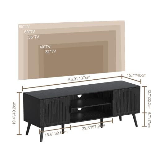 ChooChoo TV Stand with Open Shelves for 55/60 Inch TVs, Mid Century | 15.7"D x 53.9"W x 19.4"H, Entertainment Center with Storage Cabinet, 2 Cable Holes, for Living Room, Bedroom, Black - color: Black, size: 15.7"D x 53.9"W x 19.4"H