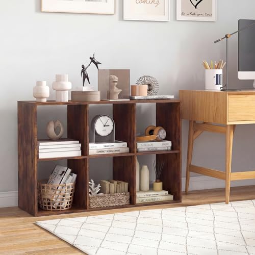 GIANTEX 6-Cube Bookcase, Cubby Bookshelf w/Back Guardrail & Anti-Tipping Kits, 9-Tier Freestanding Storage Organizer with Shelves, Open Back Display Rack for Living Room, Bedroom, Study, Rustic Brown - color: Rustic Brown, size: 6-Cube