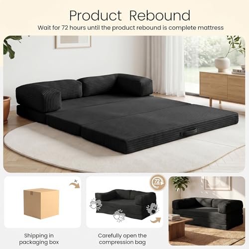 Erament Convertible Sofa Bed, Tri-Folding Mattress Queen Futon Couch Bed, Boneless Sleeper Couch Bed with Removable Armrests & Washable Cover for Guest Room, Living Room, Queen, Black - color: Black, size: Queen