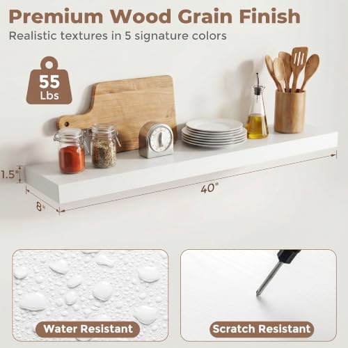 8 inch Deep Floating Shelves for Wall, 40" Wide, White Finish, 2-Pack | Engineered Wood Wall Shelves with Invisible Brackets for Living Room, Bedroom, Bathroom, Office & Kitchen Storage - color: White Finish, size: 40"W x 8"D, 2p