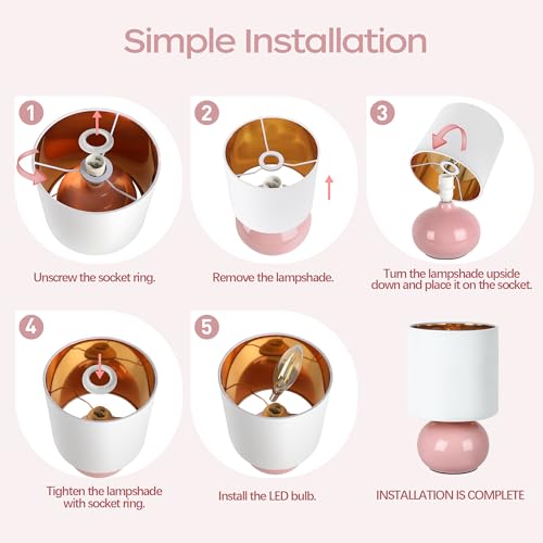 Hamucd Ceramic Table Lamps Set of 2, Modern Classic Bedside Lamps for Nightstand, Small Table Lamp for Bedroom Living Room Desk End Table (Pink) - color: Pink