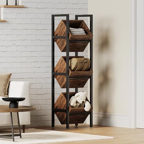 LITTLE TREE 3-Tier Basket Stand, Wooden Floor Stand Shelving Unit, Standing Organizer Storage Rack for Kitchen, Bathroom, Living Room (Rustic Brown, 2) - color: Rustic Brown, size: 3-Tier
