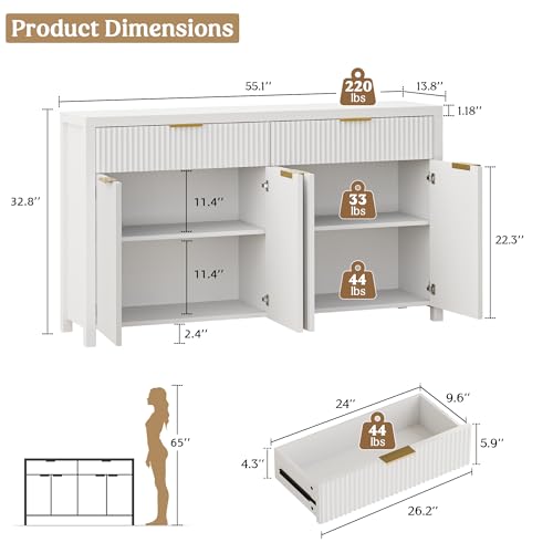 55" Sideboard Buffet Cabinet with Storage for Kitchen, White | Adjustable Shelves, Quiet Full-Extension Slides, Curved Metal Handle, Coffee Bar with Drawers for Dining Room, Entryway - color: White, size: 13.8"D x 55.09"W x 32.8"H