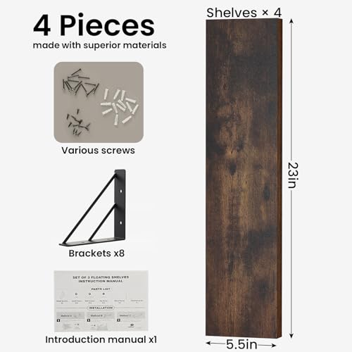 BAYKA Wall Shelves for Bedroom Decor, Floating Shelves for Wall, Display Mounted Rustic Wood Shelf for Books,Plants,Corner Shelves for Bathroom,Kitchen,Living Room(Rustic Brown,23in,Set of 4) - color: C. Rustic Brown Board & Black Brackets, size: 23-inch