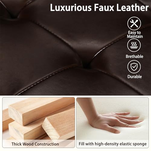 Storage Ottoman, 17" Fuax Leather Square Tufted Footrest Stool with Hinged Lid & Wooden Legs, Extra Seat or Coffee Table for Living Room, Bedroom, Entryway, Tan Brown - color: Tan Brown Leather