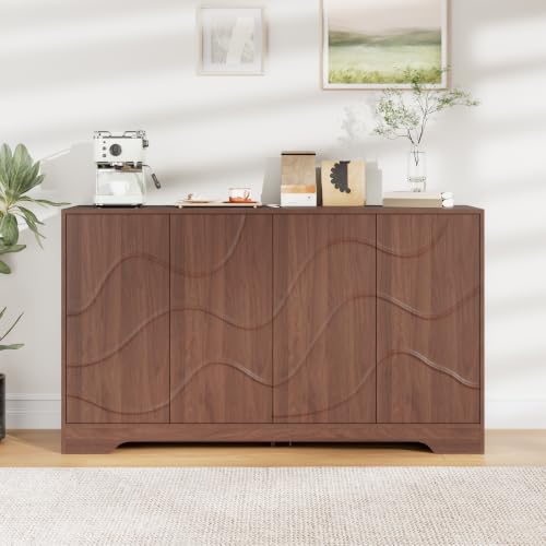 Godchoices 56" Sideboard Buffet Cabinet with Storage, Modern Accent Credenza with Wavy Doors & Adjustable Shelf, Console Cabinet for Kitchen,Living Room,Dining Room,Entryway,Hallway - color: 56" Walnut