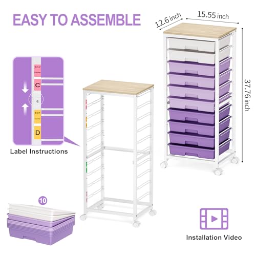 Sykiariol 10 Drawer Rolling Cart,Purple | Rolling Cart for Craft Storage,Storage Cart with Lockable Wheels and Wooden Tabletop for Classroom,Office,Living Room - color: purple